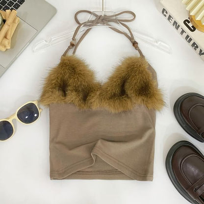 Open-Back Halter Crop with Soft Fluffy Accents