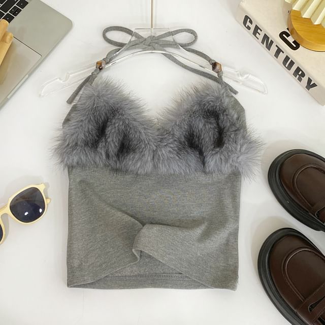 Open-Back Halter Crop with Soft Fluffy Accents