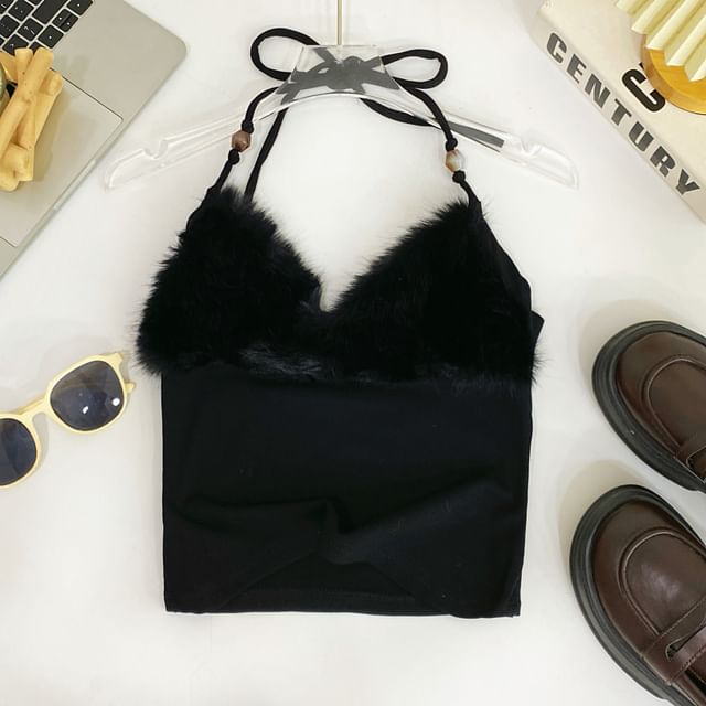 Open-Back Halter Crop with Soft Fluffy Accents
