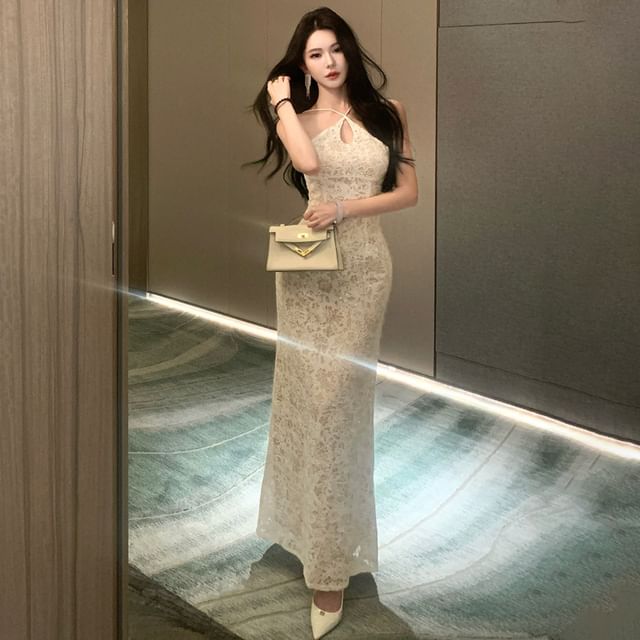 Halter Floral Lace Trumpet Evening Dress