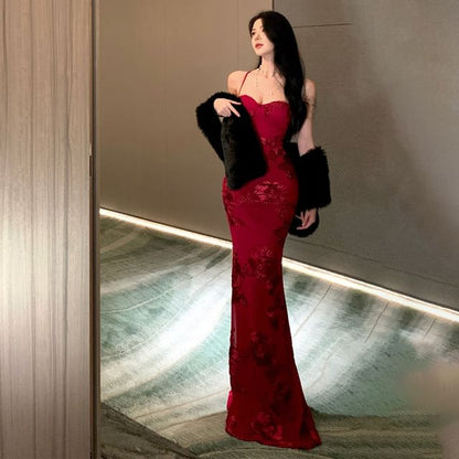 Halter Flower Embroidered Mermaid Evening Dress