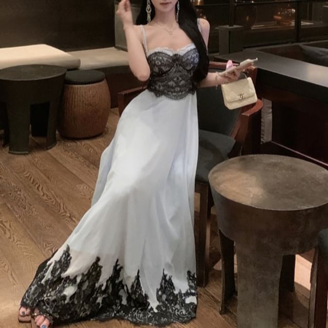 Spaghetti Strap Plain Lace Trim A-Line Evening Dress