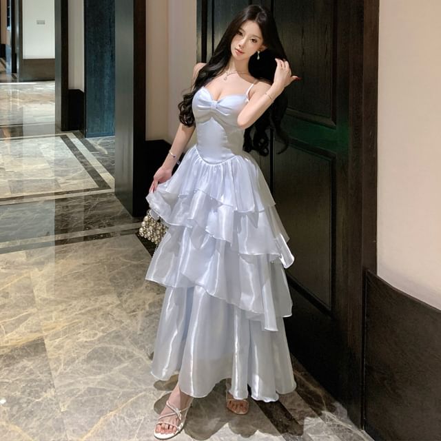 Spaghetti Strap Plain Tiered A-Line Evening Dress