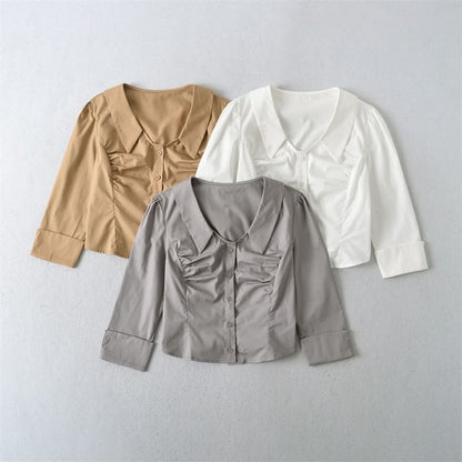 Ruched Collared Crop Blouse with Three-Quarter Sleeves