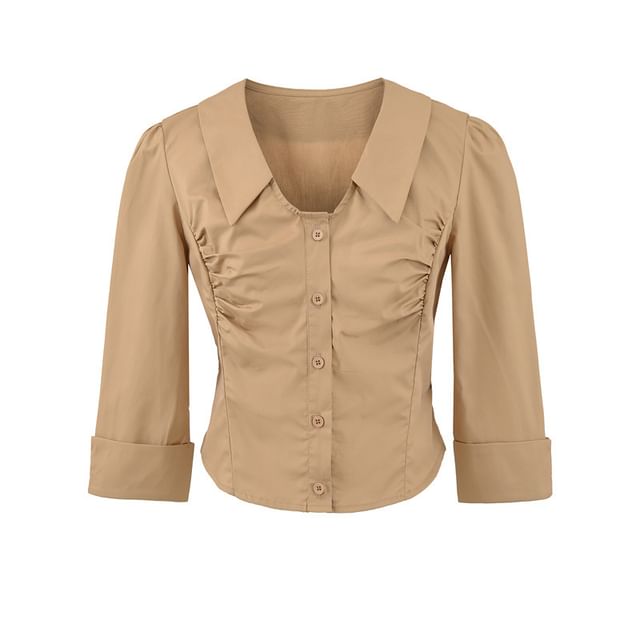 Ruched Collared Crop Blouse with Three-Quarter Sleeves