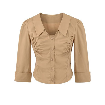 Ruched Collared Crop Blouse with Three-Quarter Sleeves