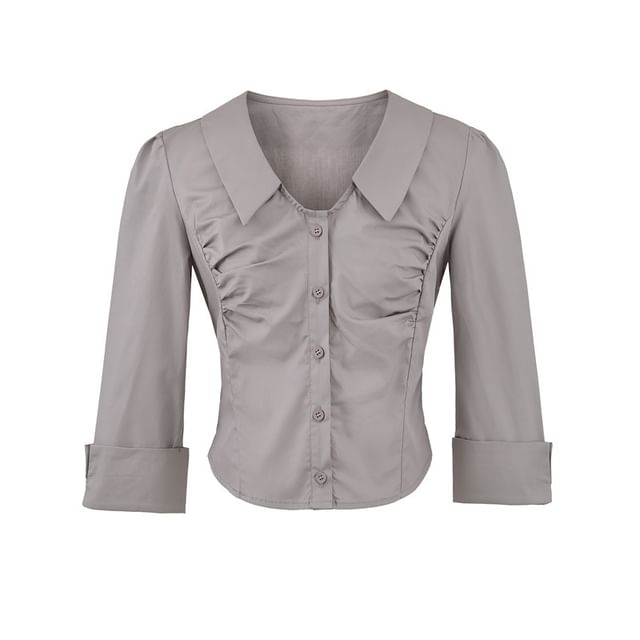 Ruched Collared Crop Blouse with Three-Quarter Sleeves
