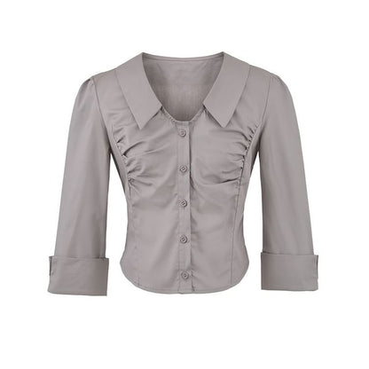 Ruched Collared Crop Blouse with Three-Quarter Sleeves
