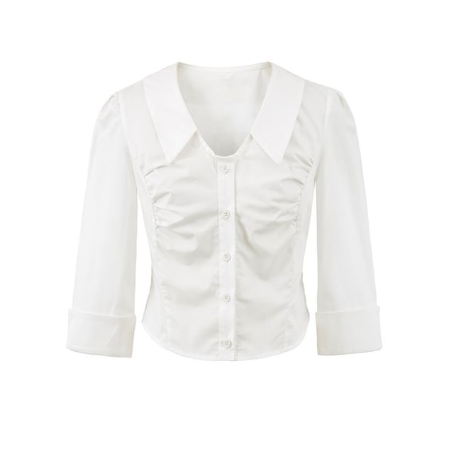 Ruched Collared Crop Blouse with Three-Quarter Sleeves