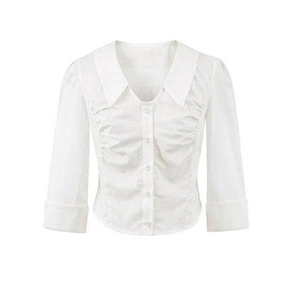 Ruched Collared Crop Blouse with Three-Quarter Sleeves