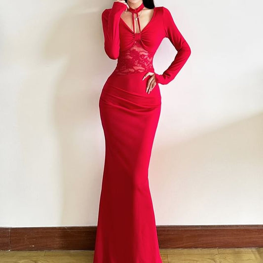 Long-Sleeve Halter Neck Lace Panel Ruched Maxi Mermaid Dress