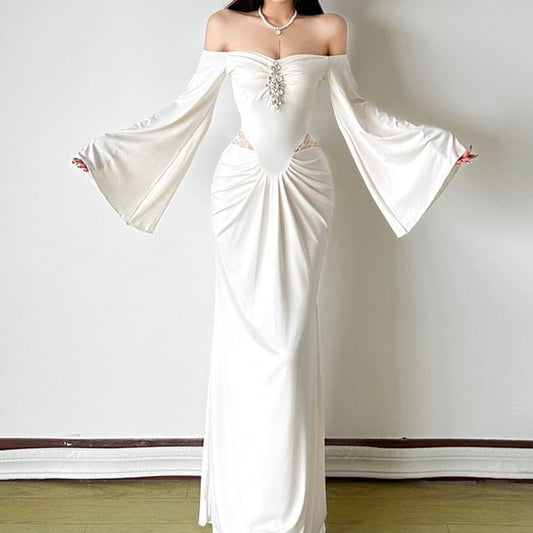 Long-Sleeve Off-Shoulder Lace Panel Rhinestone Ruched Maxi Mermaid Dress