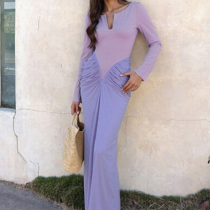 Long-Sleeve Notch Neck Ruched Panel Maxi Sheath Dress