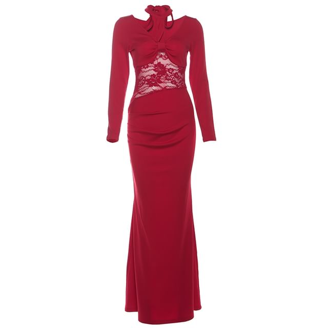 Long-Sleeve Halter Neck Lace Panel Ruched Maxi Mermaid Dress