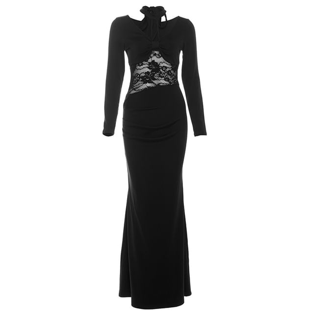 Long-Sleeve Halter Neck Lace Panel Ruched Maxi Mermaid Dress