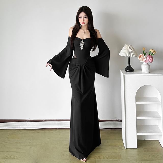 Long-Sleeve Off-Shoulder Lace Panel Rhinestone Ruched Maxi Mermaid Dress