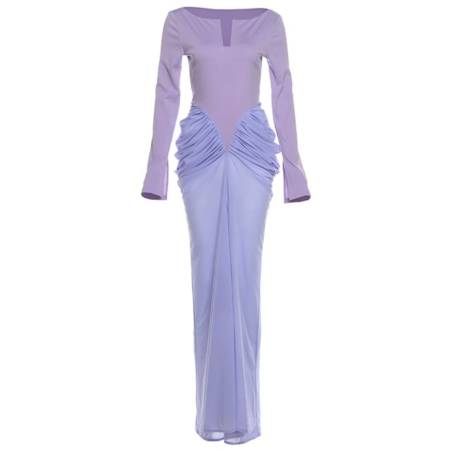 Long-Sleeve Notch Neck Ruched Panel Maxi Sheath Dress