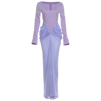 Long-Sleeve Notch Neck Ruched Panel Maxi Sheath Dress