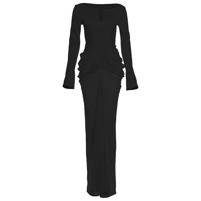 Long-Sleeve Notch Neck Ruched Panel Maxi Sheath Dress