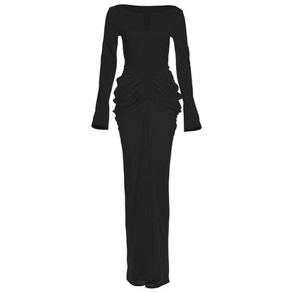 Long-Sleeve Notch Neck Ruched Panel Maxi Sheath Dress