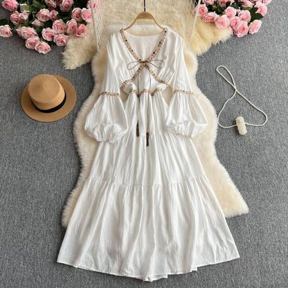 Long-Sleeve V-Neck Contrast Trim Maxi A-Line Dress