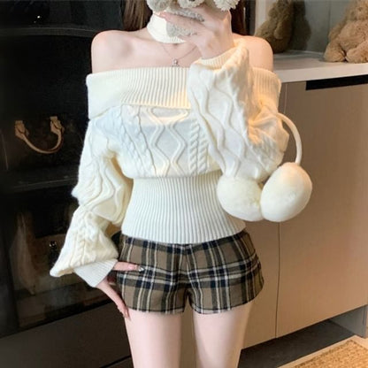 Set: Off-Shoulder Cable Knit Sweater with Neck Warmer