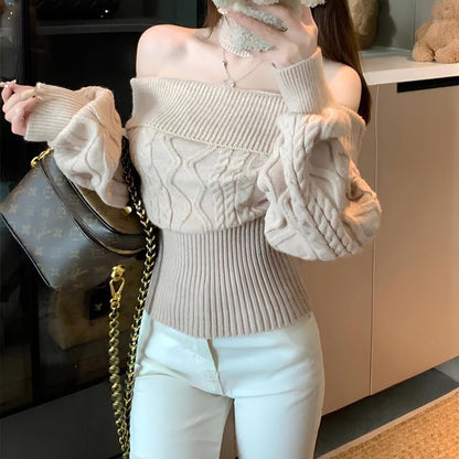 Set: Off-Shoulder Cable Knit Sweater with Neck Warmer