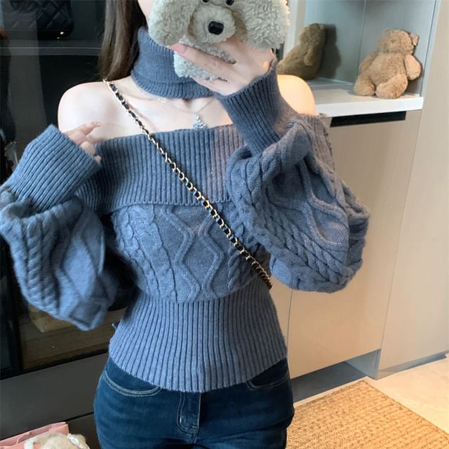 Set: Off-Shoulder Cable Knit Sweater with Neck Warmer