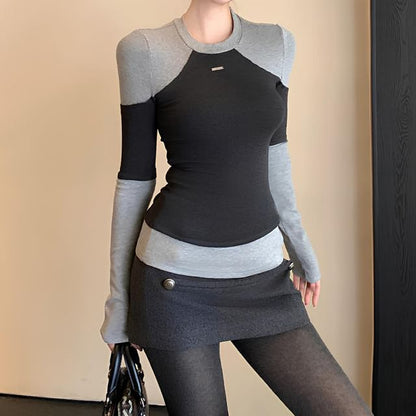 Two-Tone Crewneck Top with Long Sleeves