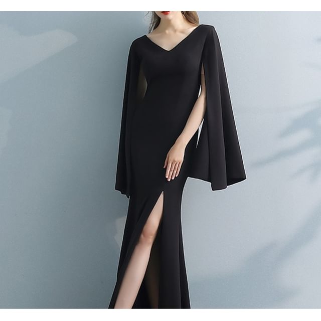 Cape Sleeve V-Neck Plain Slit Trumpet Evening Gown