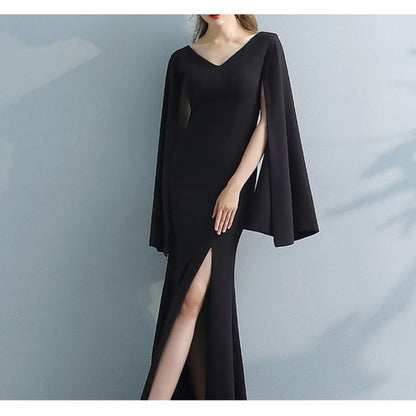 Cape Sleeve V-Neck Plain Slit Trumpet Evening Gown
