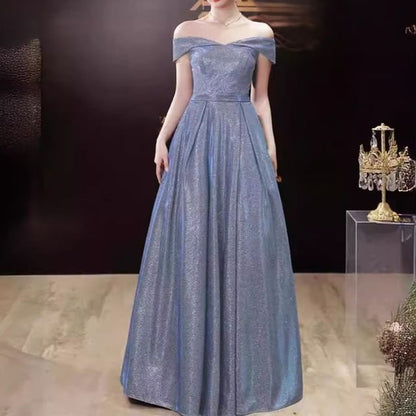 Sleeveless Off Shoulder Plain Glitter A-Line Evening Gown