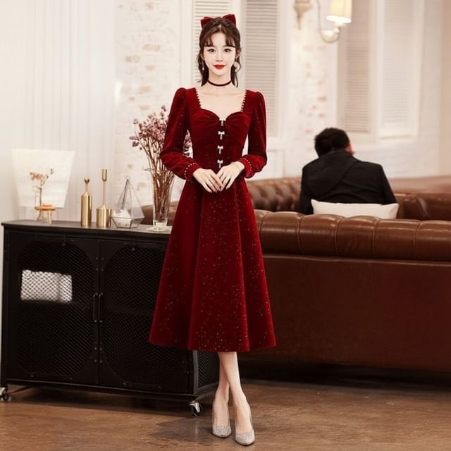 Long Sleeve Sweetheart Neck Plain Beaded Bow Velvet Midi A-Line Cocktail Dress (Various Designs)