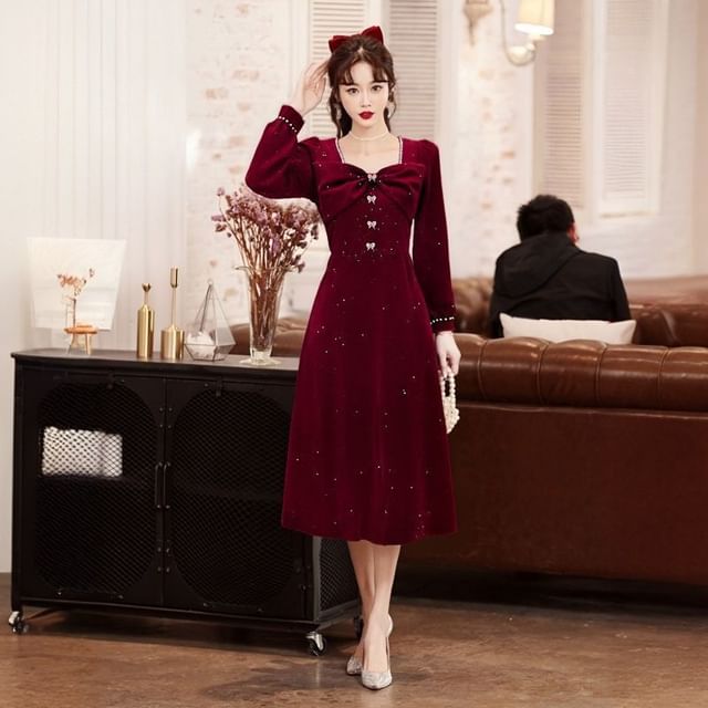 Long Sleeve Sweetheart Neck Plain Beaded Bow Velvet Midi A-Line Cocktail Dress (Various Designs)