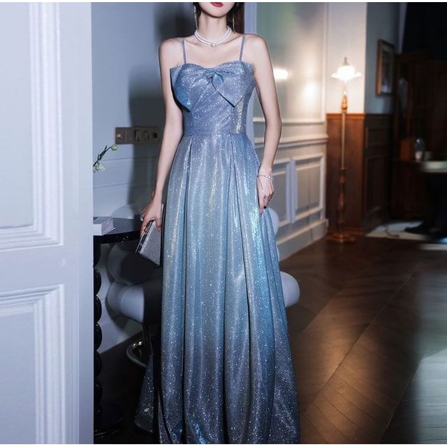 Spaghetti Strap Plain Glitter Bow A-Line Evening Gown