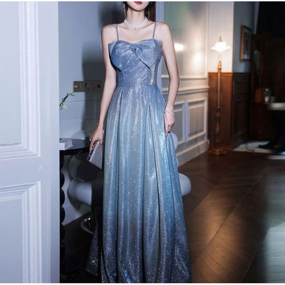 Spaghetti Strap Plain Glitter Bow A-Line Evening Gown