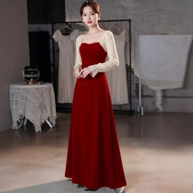 Long Sleeve Sweetheart Neck Sequin Panel A-Line Evening Dress