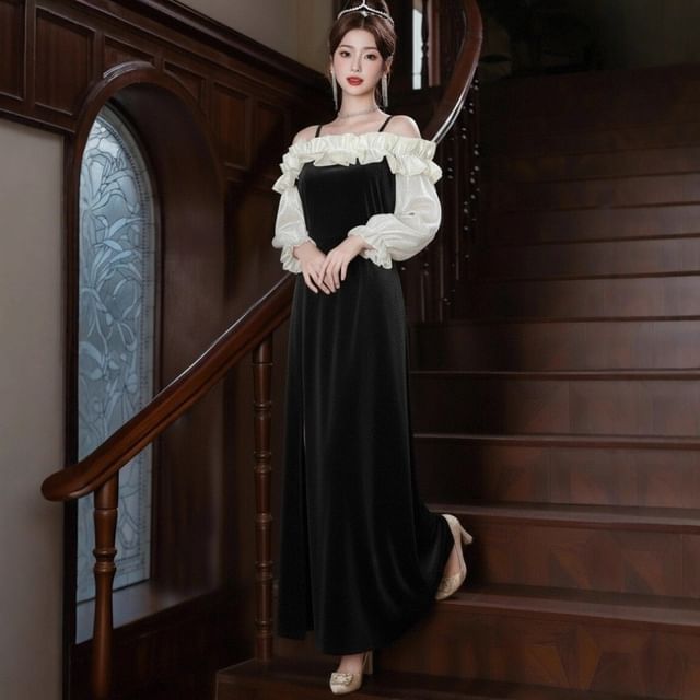 Long Sleeve Cold Shoulder Two Tone Ruffle Slit Panel Velvet A-Line Evening Dress
