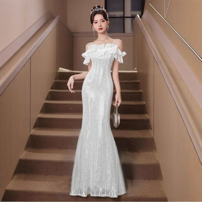 Sleeveless Cold Shoulder Plain Sequin Ruffle Panel Trumpet Evening Gown