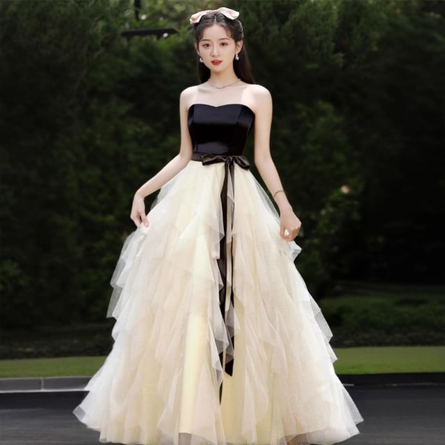 Two Tone Bow Tiered Mesh A-Line Tube Evening Gown