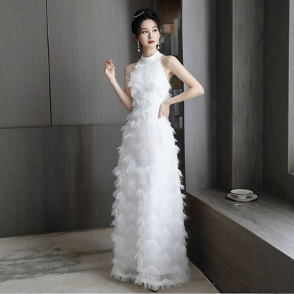 Sleeveless Mock Neck Plain Fringe A-Line Evening Dress