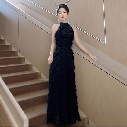 Sleeveless Mock Neck Plain Fringe A-Line Evening Dress