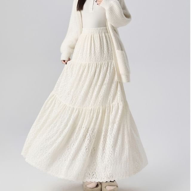 High Rise Plain Lace Maxi A-Line Skirt