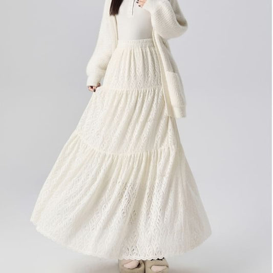 High Rise Plain Lace Maxi A-Line Skirt