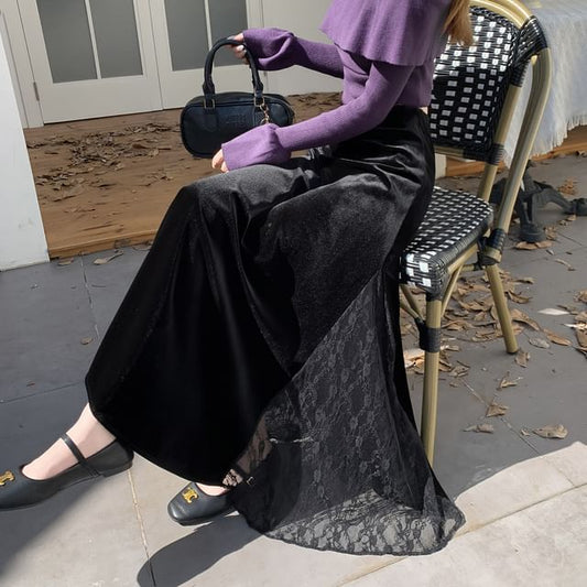 High Waist Plain Lace Panel Velvet Maxi A-Line Skirt