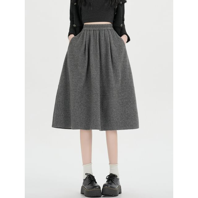 Elastic Waist Plain Midi A-Line Skirt