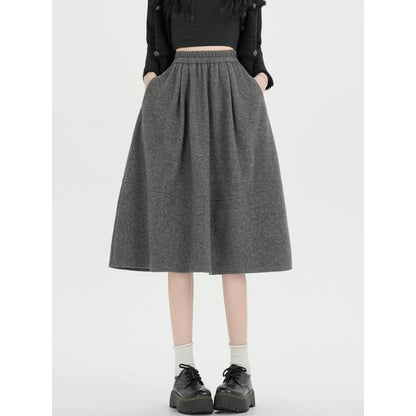 Elastic Waist Plain Midi A-Line Skirt