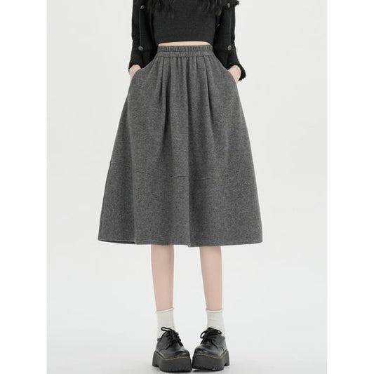 Elastic Waist Plain Midi A-Line Skirt
