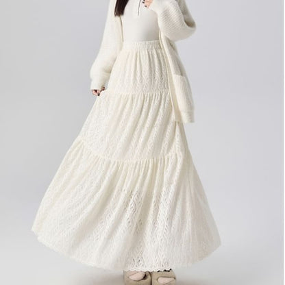 High Rise Plain Lace Maxi A-Line Skirt