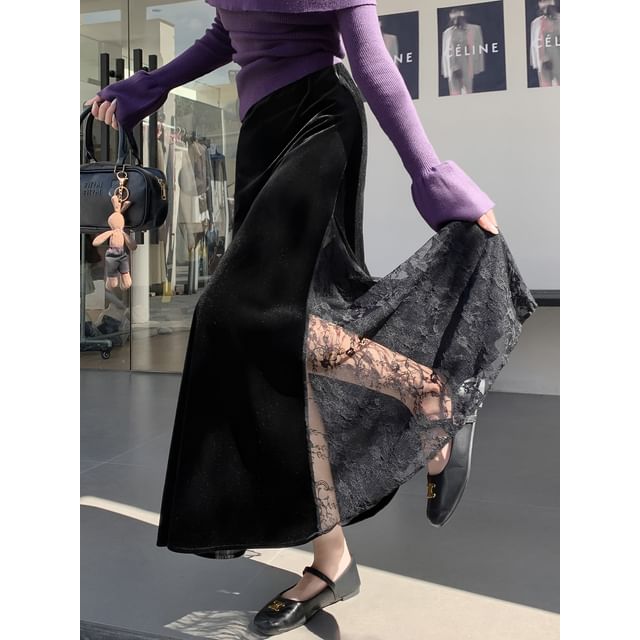 High Waist Plain Lace Panel Velvet Maxi A-Line Skirt